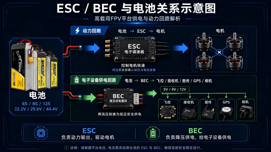 10-22寸FPV無人機ESC/BEC與電池關系